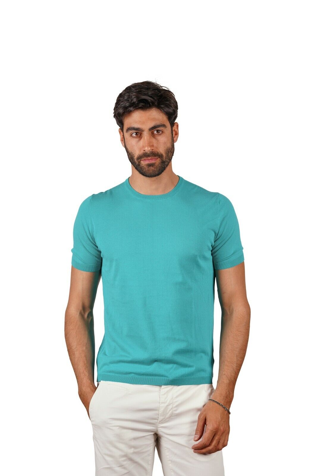 220$ Italian Luxury GRAN SASSO Knit T-Shirt Sweater " Fresh Cotton " Turquoise
