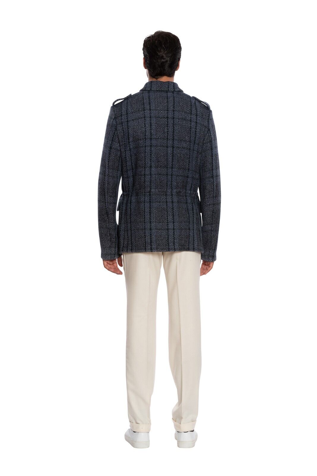 $1900 BOGLIOLI MILANO Blue Safari Coat Check Wool Silk Linen 40 US / 50 EU