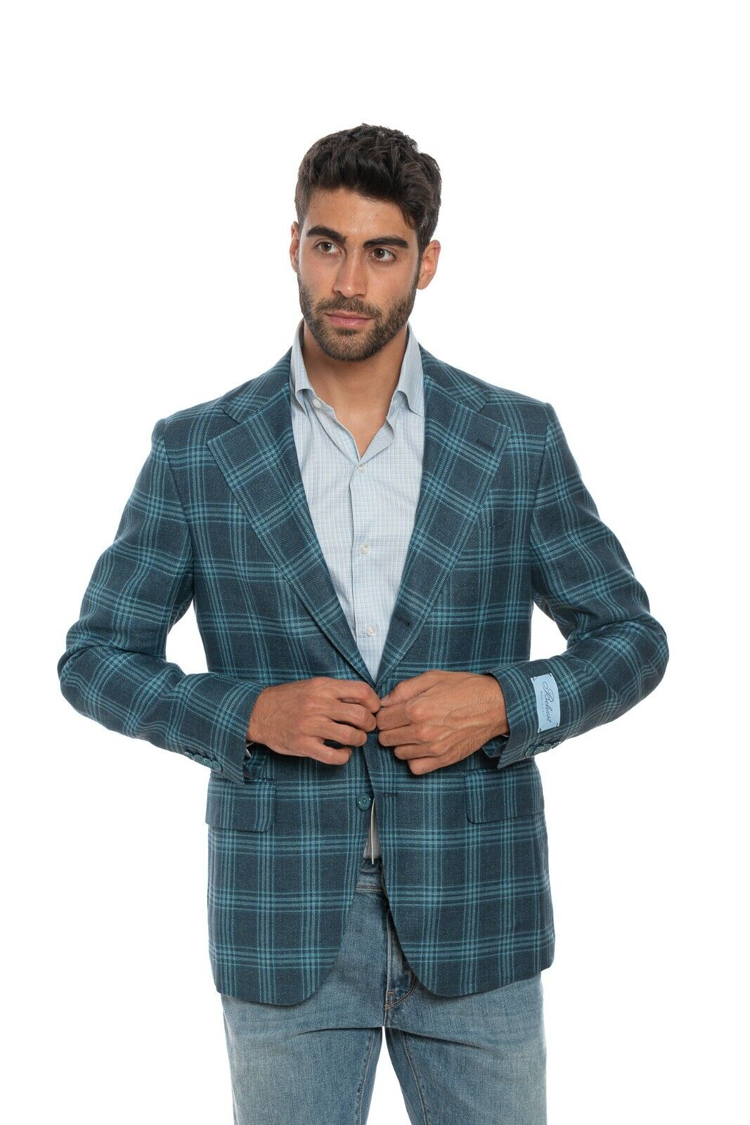 2180$ BELVEST Blue / Aquamarine Jacket Hemp + Wool Checks Super Slim Fit