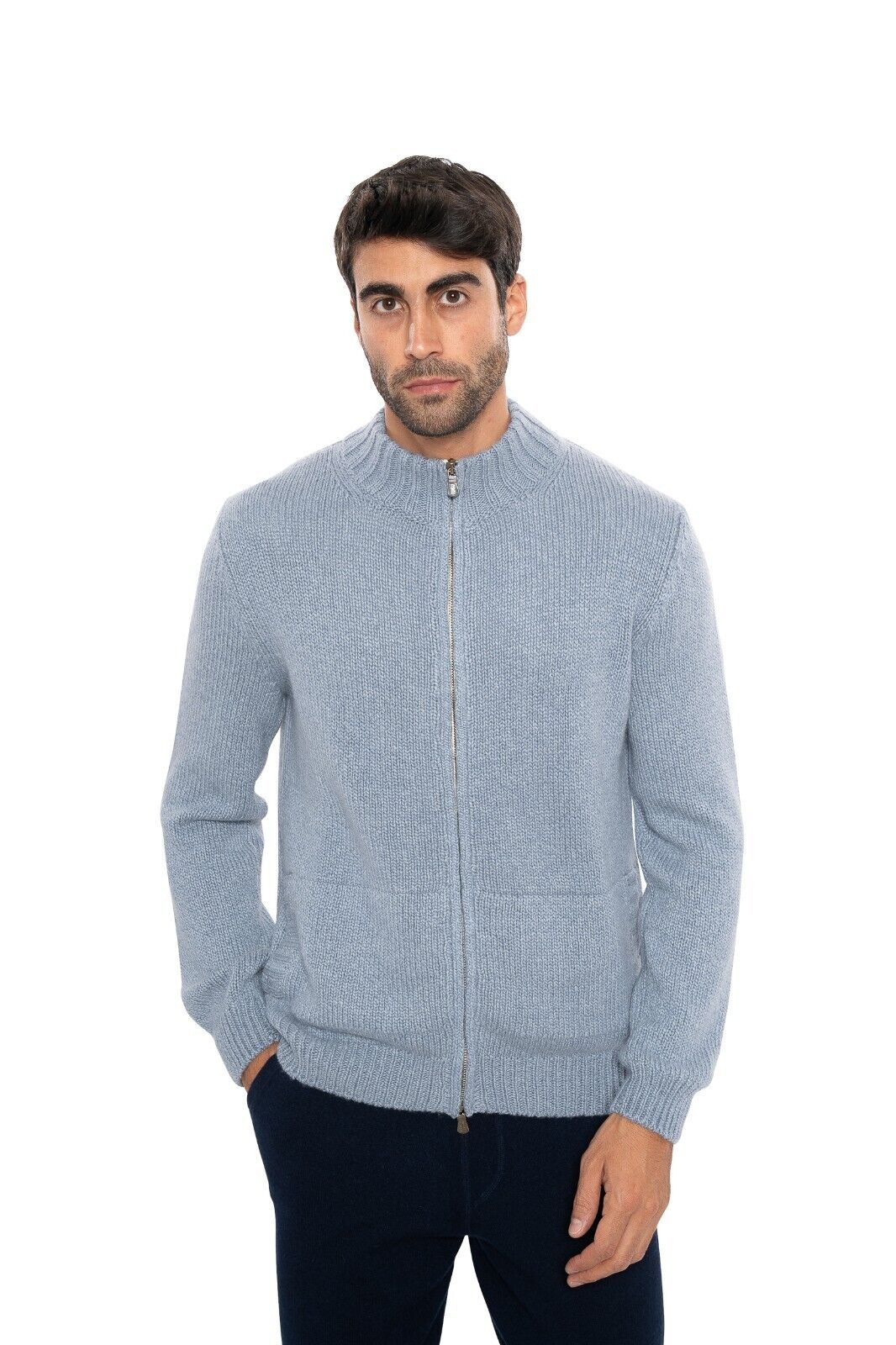$2200 FEDELI Light Blue Cardigan Jacket Zip 100% Cashmere Malfilè 40 US / 50 EU