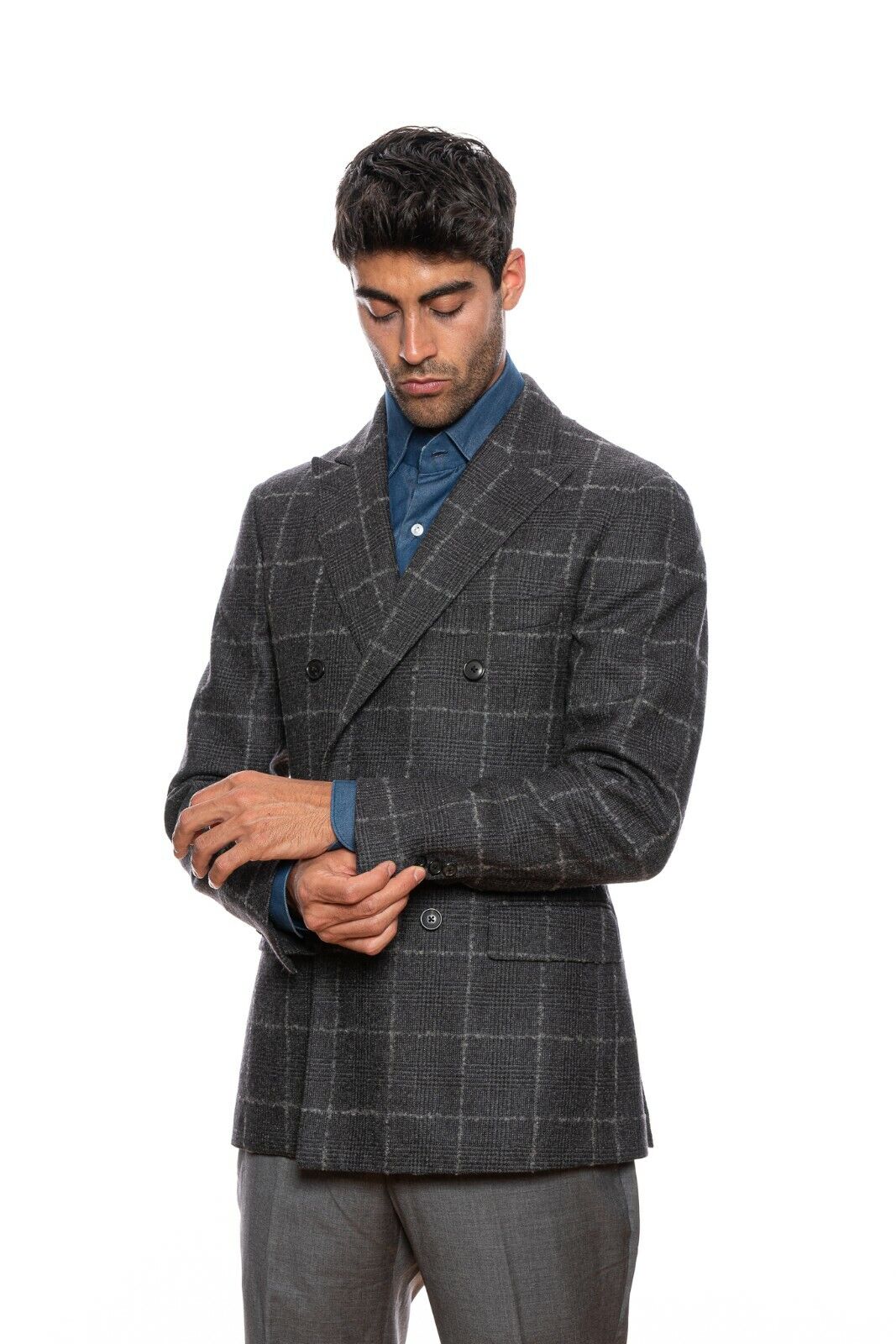 $2390 BELVEST Gray Flannel Wool Windowpane Jacket Double Breasted 39 US 49 EU 9R