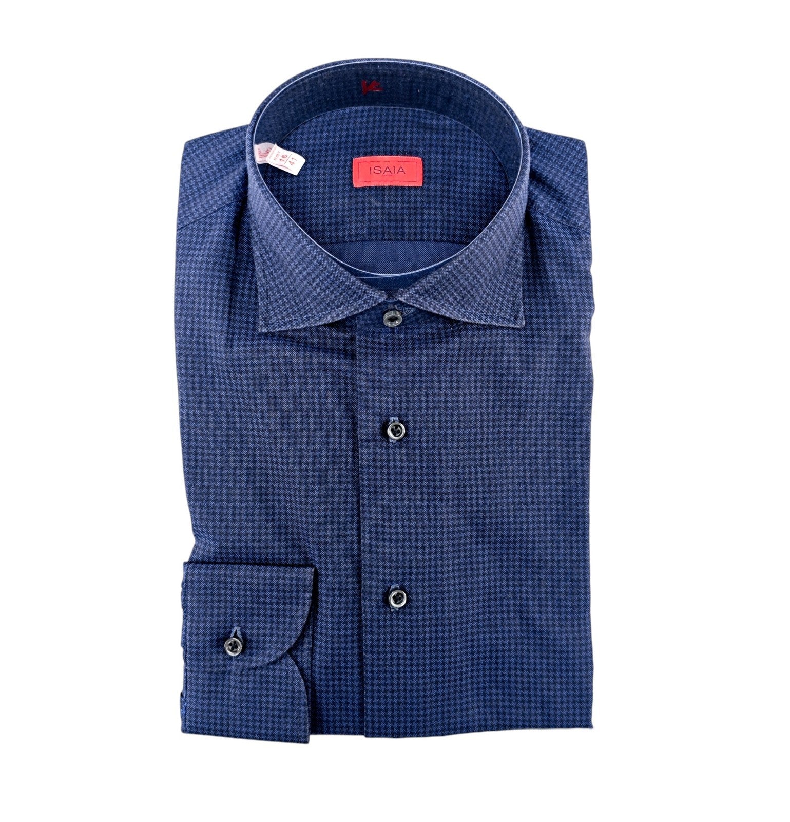 730$ ISAIA NAPOLI "Mix" Blue Houndstooth Dress Shirt Hand-Sewn Medium Cotton
