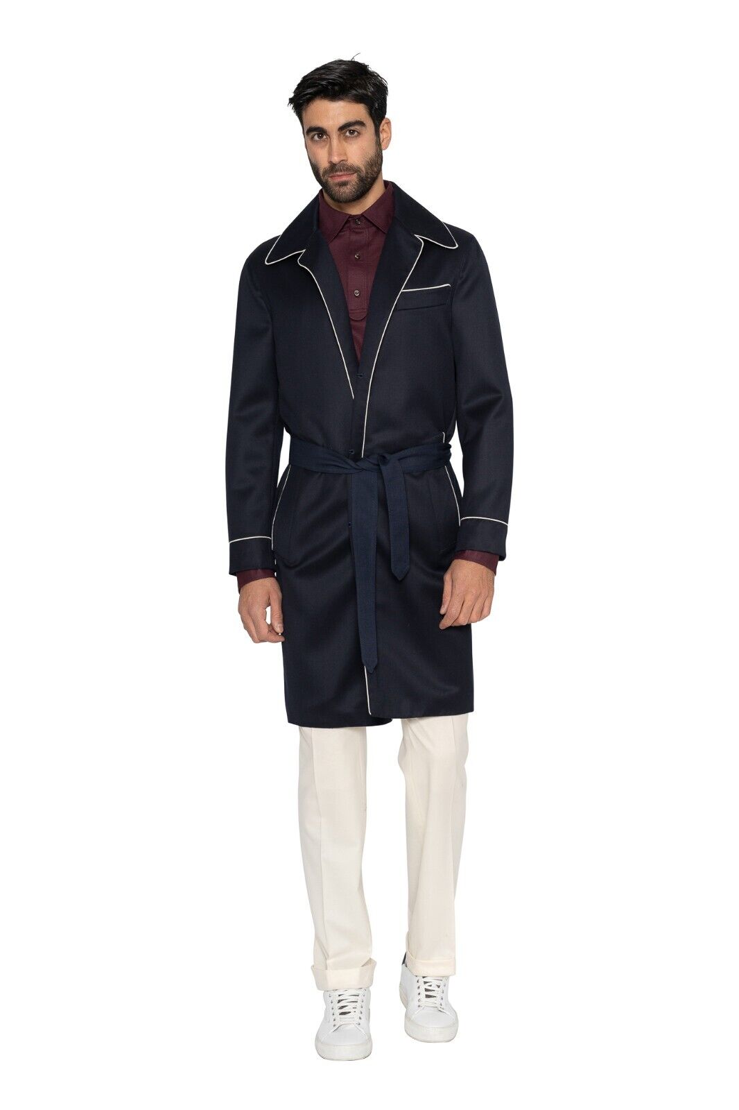 $1100 EIDOS by ISAIA NAPOLI Blue Trench Coat Bicolor Belted Wool 38 US / 48 EU