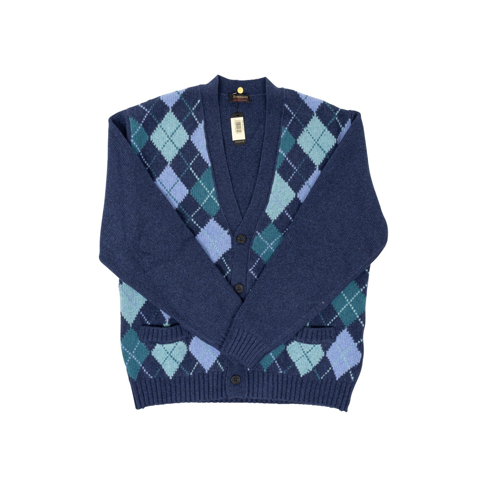 $950 RUBINACCI NAPOLI Blue Cardigan Jacket Argyle Check Wool 42 US / 52 EU