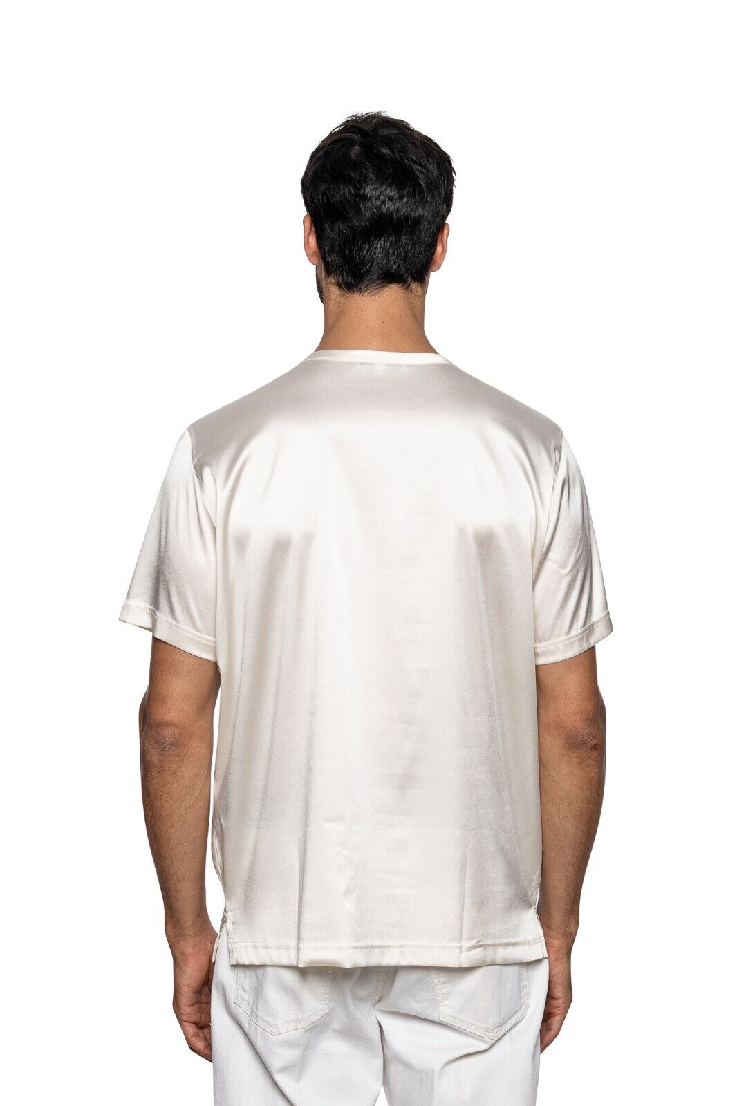 750$ LUXURY FABIO CAVIGLIA T-Shirt White "PAISLEY" 100% Silk COMO STRETCH