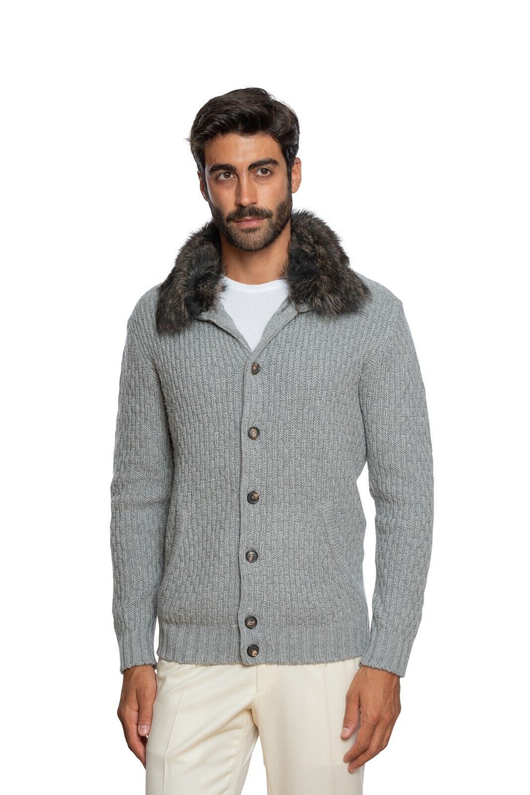 1100$ DELLA CIANA CASHMERE Bomber Cardigan Merinos / Cashmere + Fur 40 US  50 EU