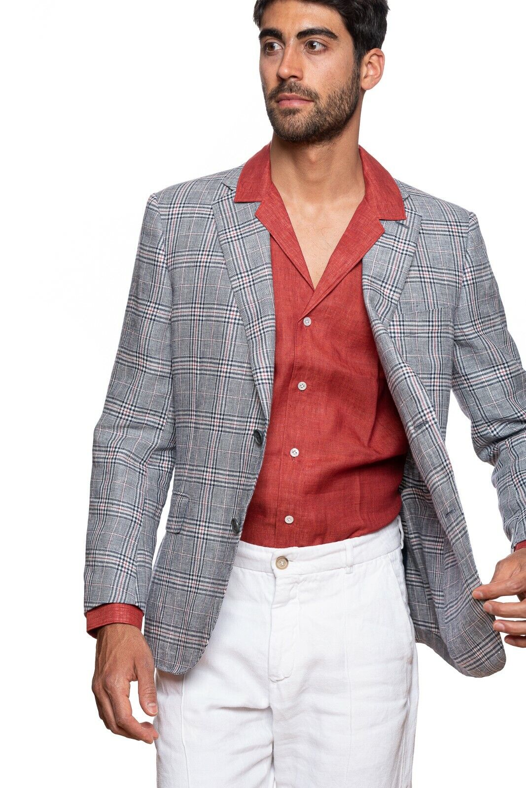1950$ BELVEST Blue Gray Glen Plaid Pure Linen Jacket Blazer 44 US / 54 EU 4C