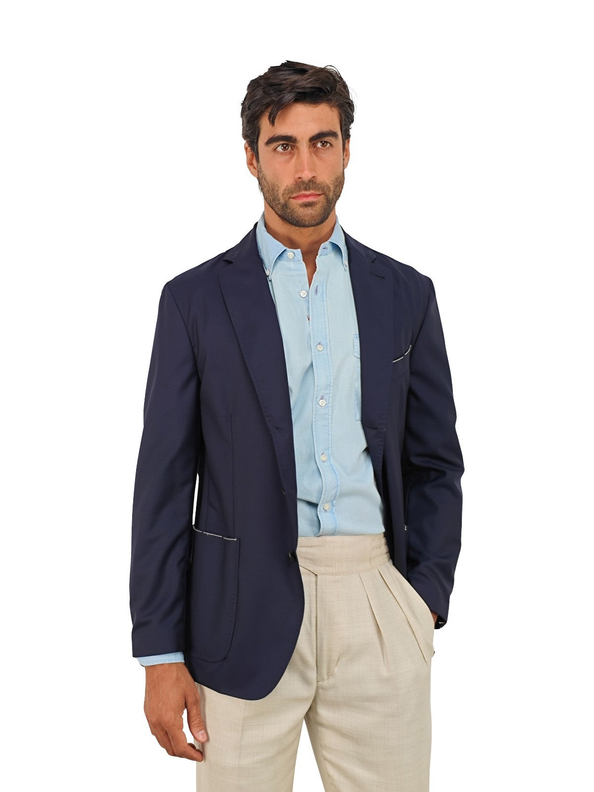 $1750 RUBINACCI NAPOLI Blue Navy Solid Unlined Jacket Fine Wool