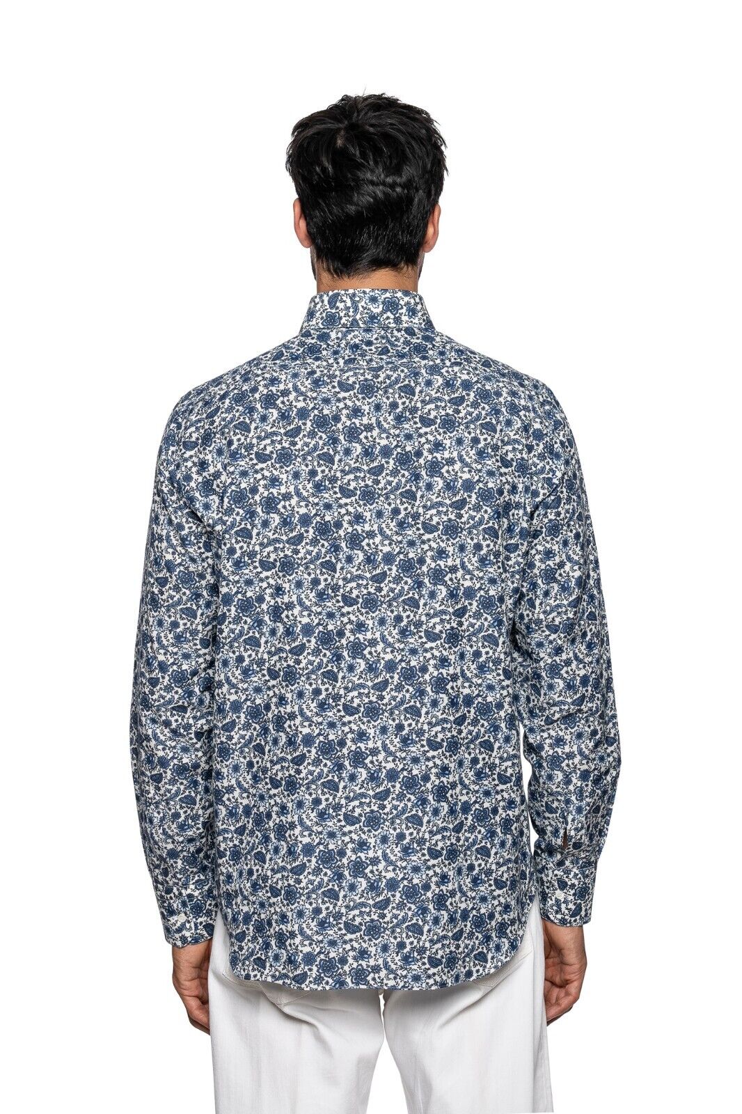 850$ ITALIAN LUXURY ITALO FERRETTI Shirt Blue "FLORAL" Cotton + Silk L BIJAN