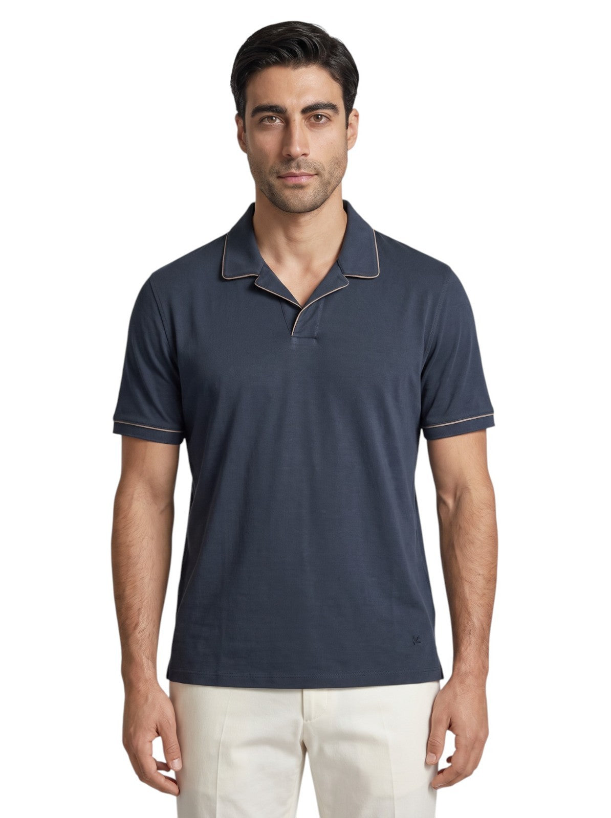 685$ ISAIA NAPOLI Jersey Cotton Polo Short Sleeve Camp Collar Blue