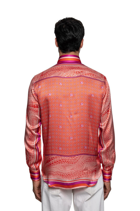 1600$ ITALY LUXURY FABIO CAVIGLIA Shirt 100% Silk COMO Satin Peach Made in Italy
