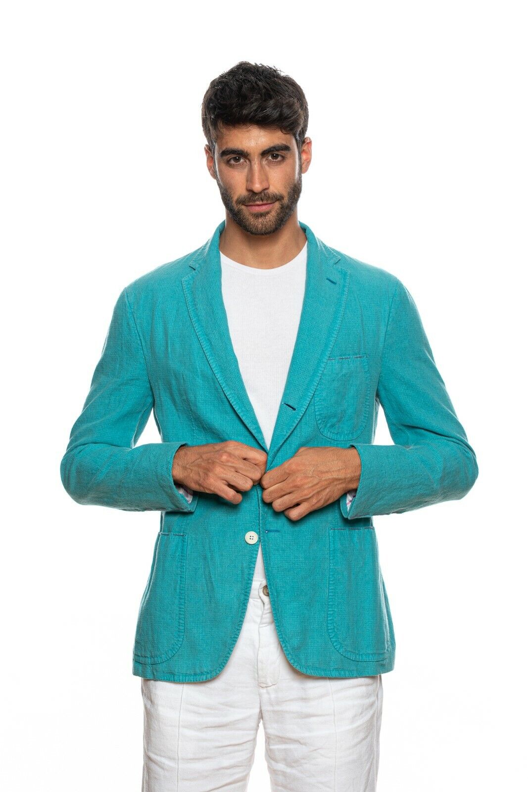 SARTORIA PARTENOPEA Aquamarine Handmade Washed Linen Jacket 40 US / 50 EU 7R