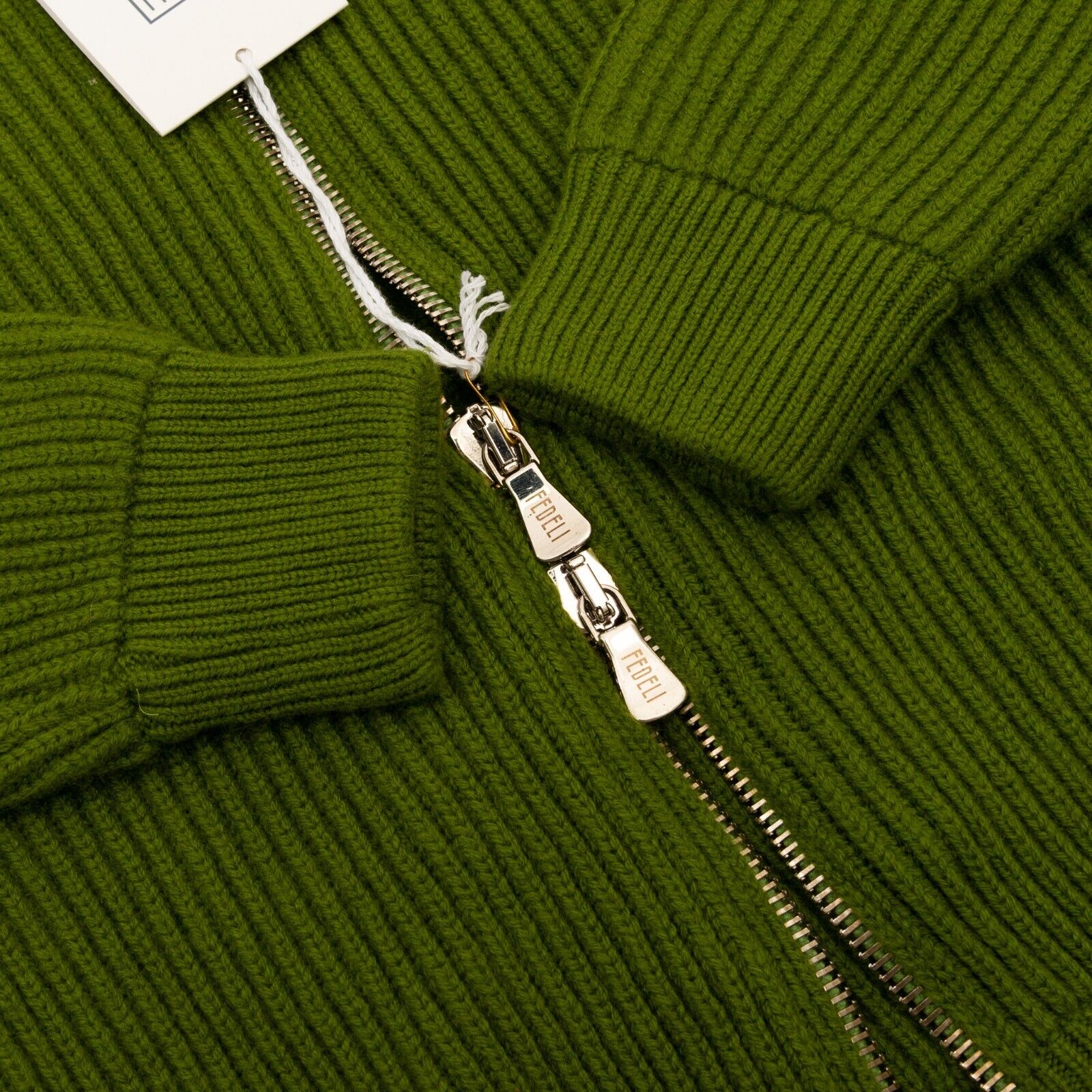 $1900 FEDELI CASHMERE Cardigan Sweater Full Zip 100% Ribbed Cashmere Pesto Green