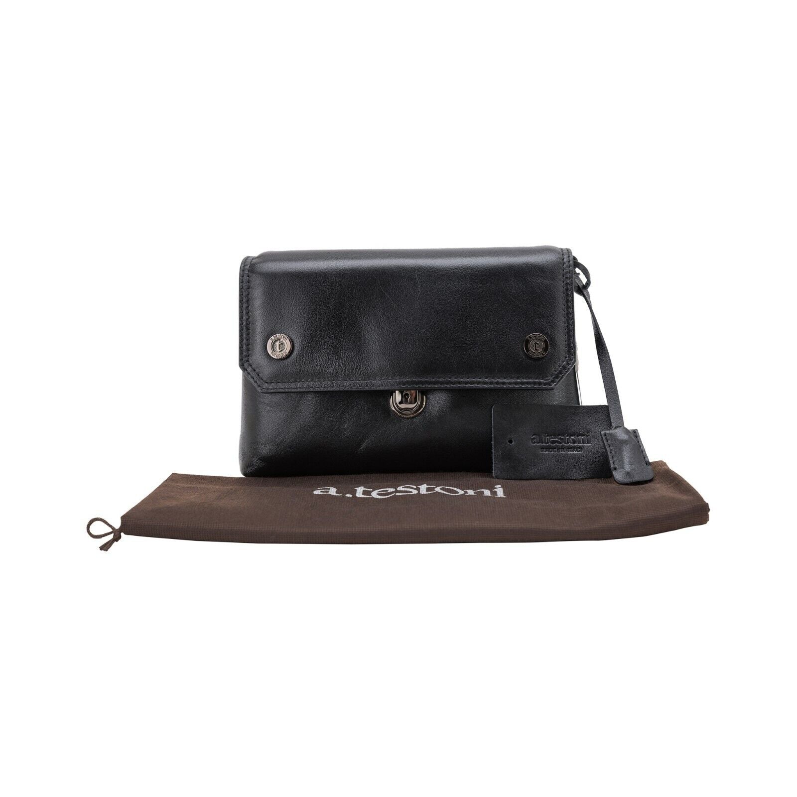 $390 Testoni Bologna Bright Black Light Calf Hand Clutch Bag Padlock with Keys