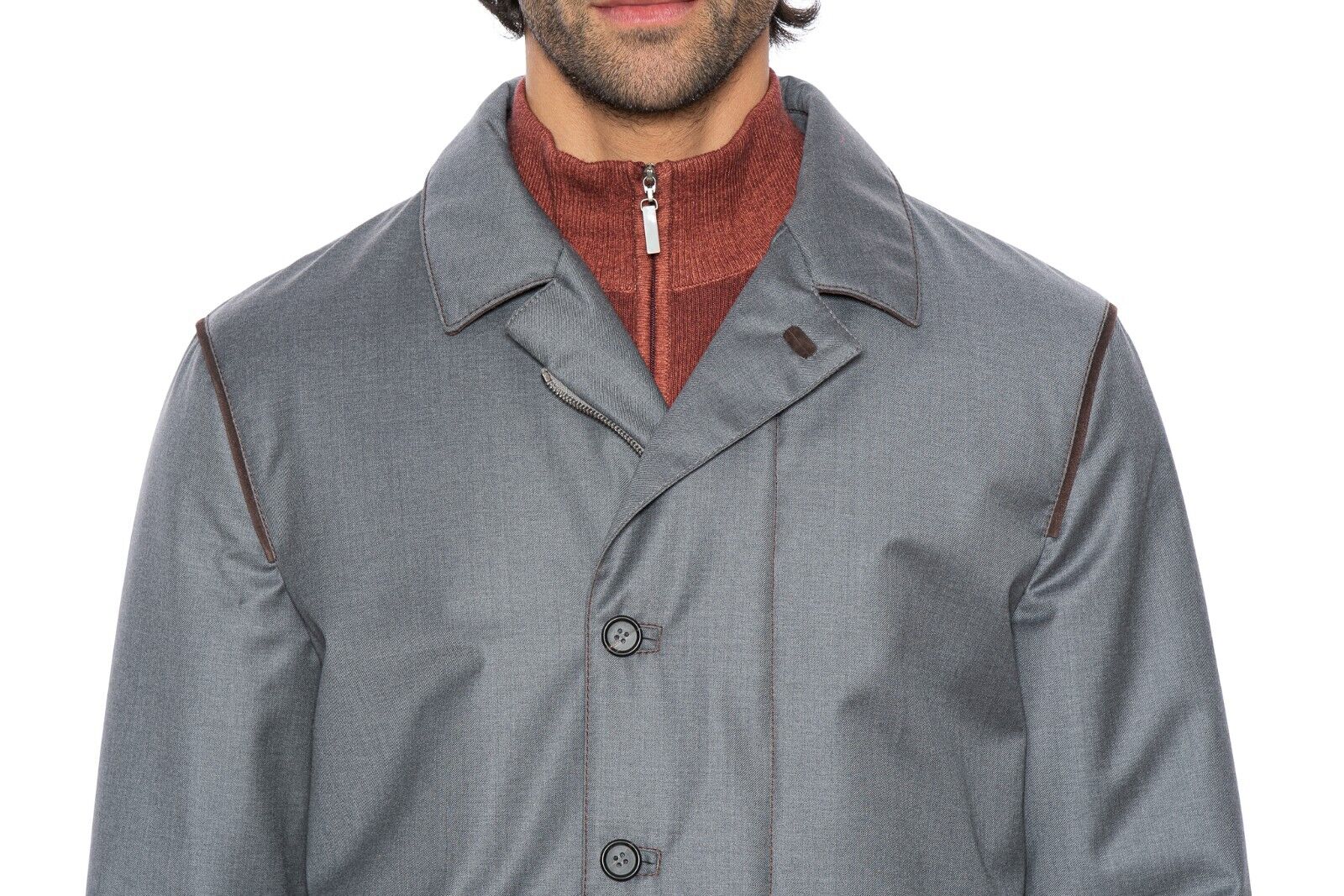 $4200 HETTABRETZ Gray Coat Wool Leather Silk Water-resistant 40 US / 50 EU Slim