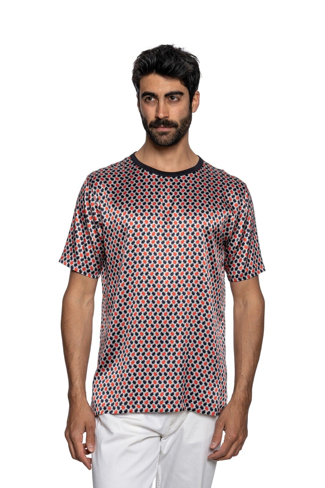 750$ LUXURY FABIO CAVIGLIA T-Shirt "MOUSE" Red / Blue 100% Silk COMO STRETCH S