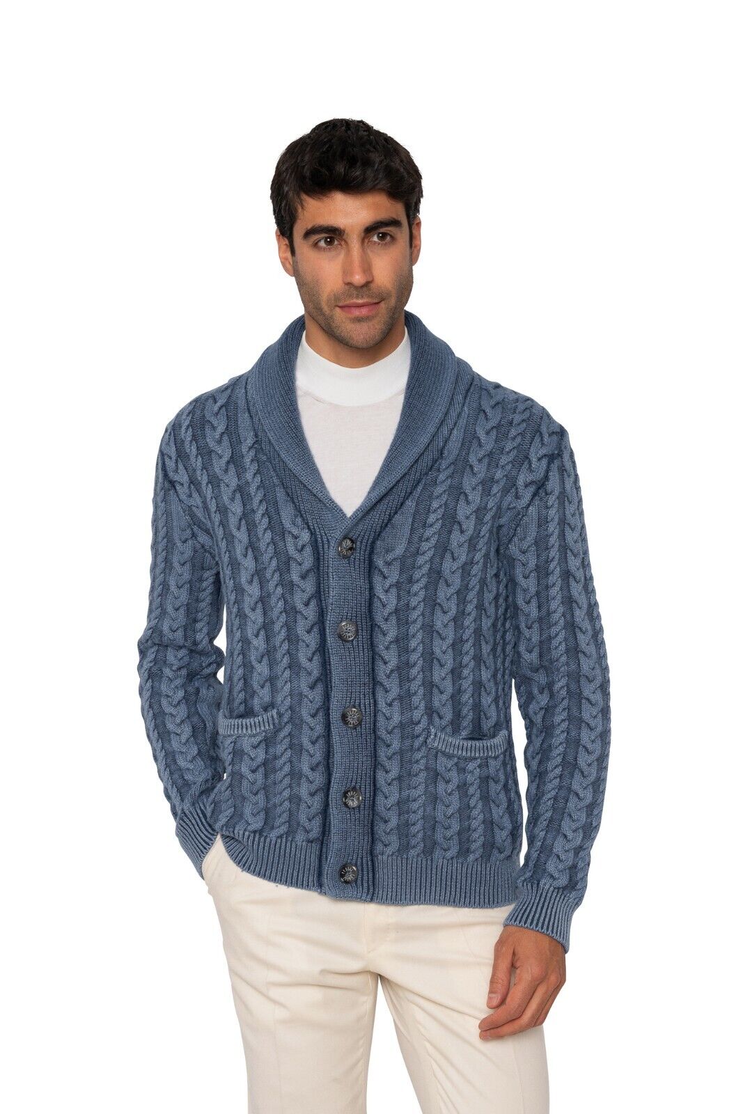 $1400 FEDELI CASHMERE Blue Cardigan Thick Merinos Wool Shawl Collar 40 US 50 EU