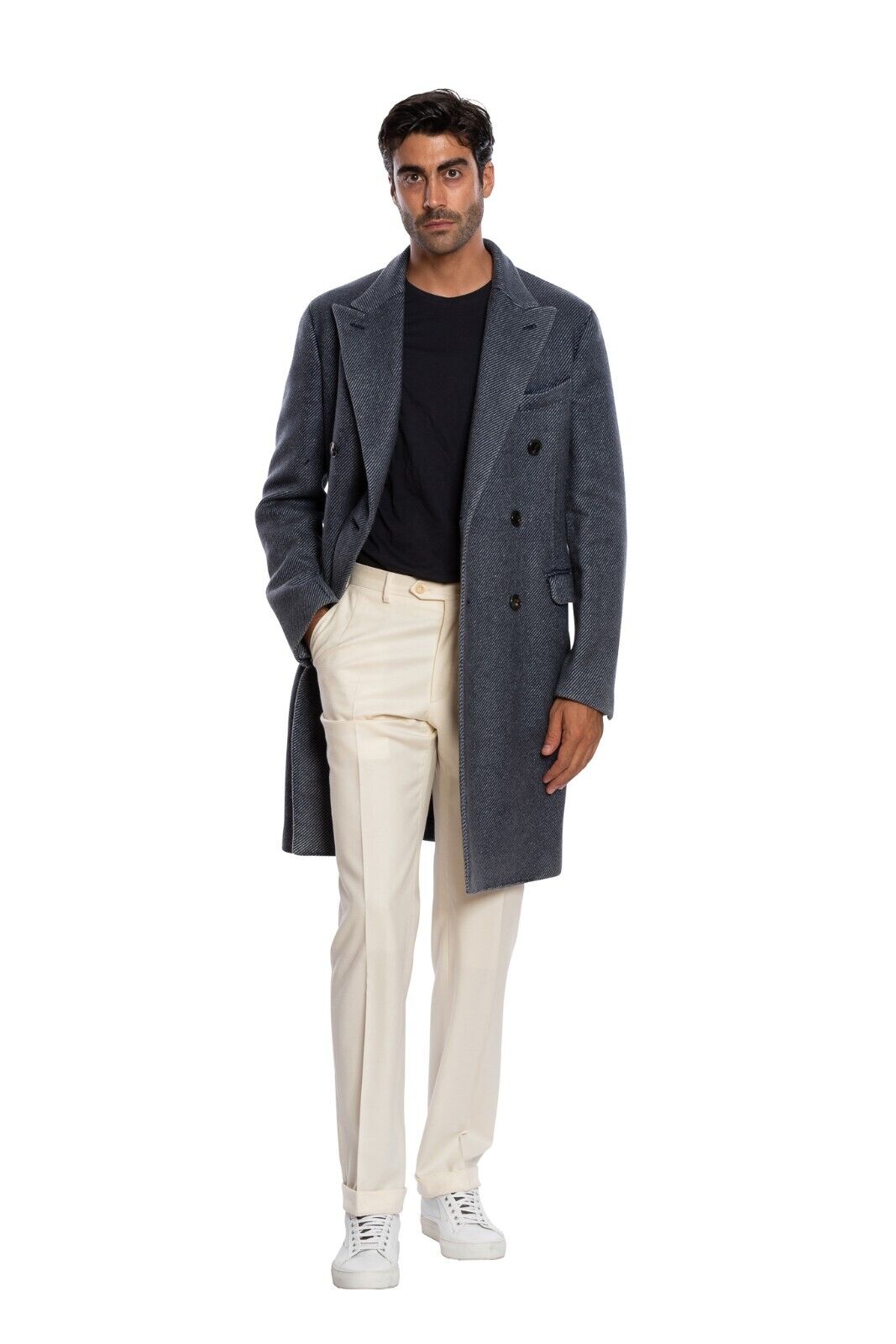 $2050 BOGLIOLI Double Braested Blu Coat K.Jacket Wool Cashmere Linen 38 US 48 EU