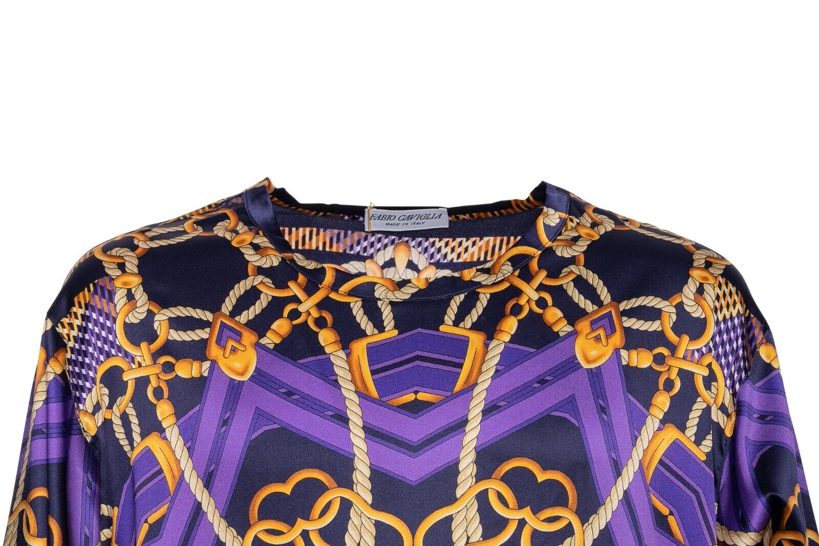750$ FABIO CAVIGLIA T-Shirt "TUNIC" Violet Chains 100% Silk COMO STRETCH Sz XXL