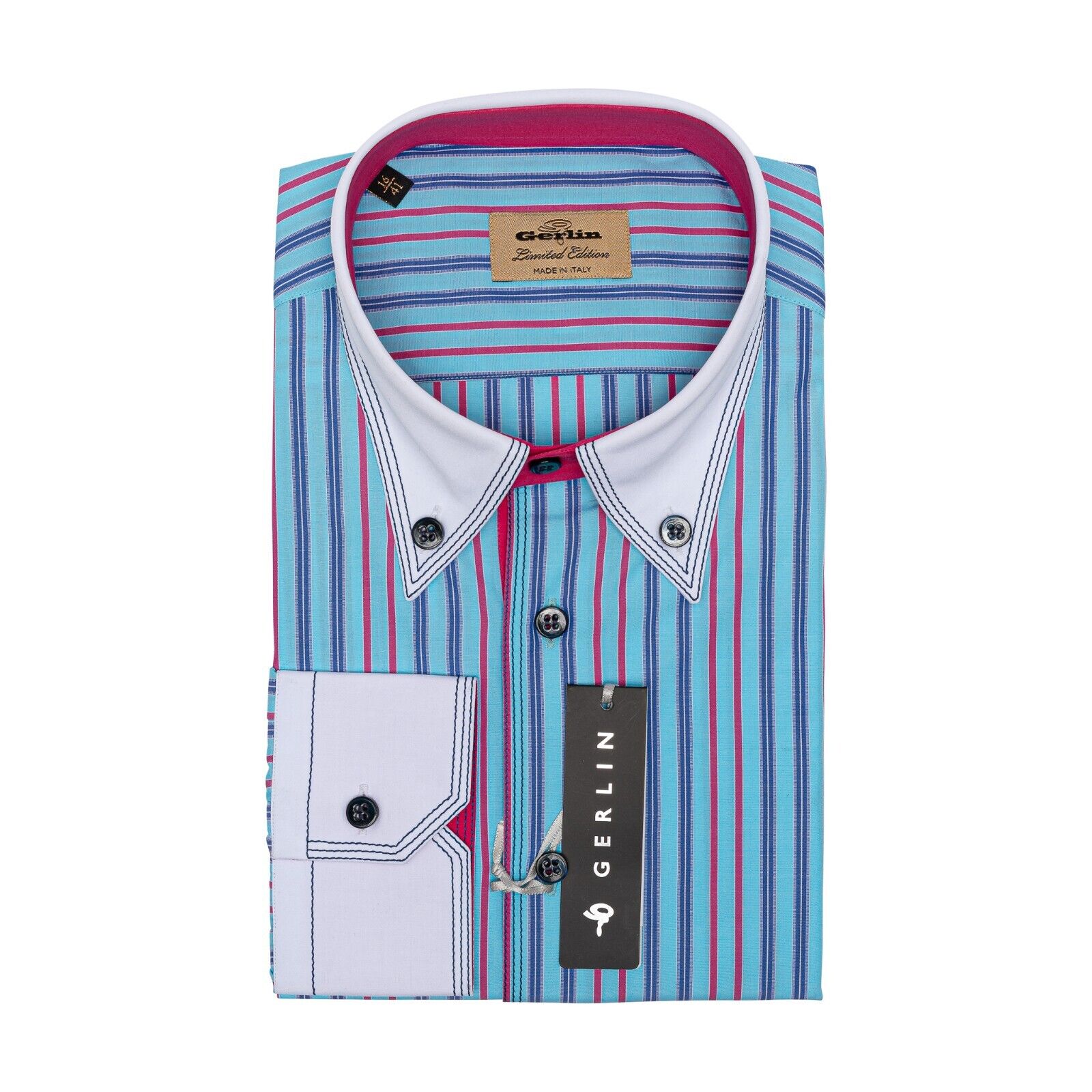 690$ LUXURY GERLIN Shirt Point Collar Blue Cotton 16 - 41 10C ZILLI