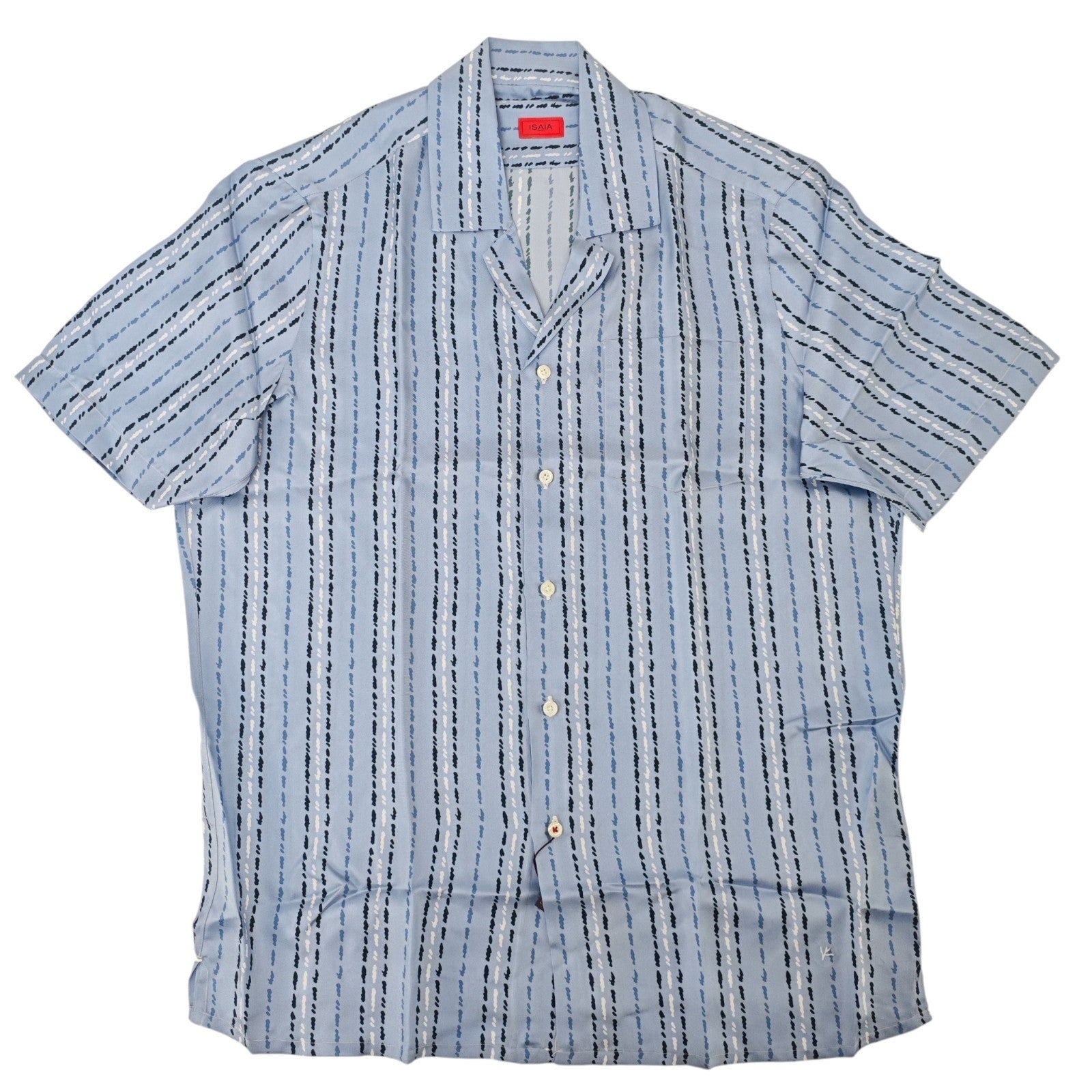 1385$ ISAIA NAPOLI Blue Camp Collar Shirt Short Sleeve 100% Silk - Relaxed Fit