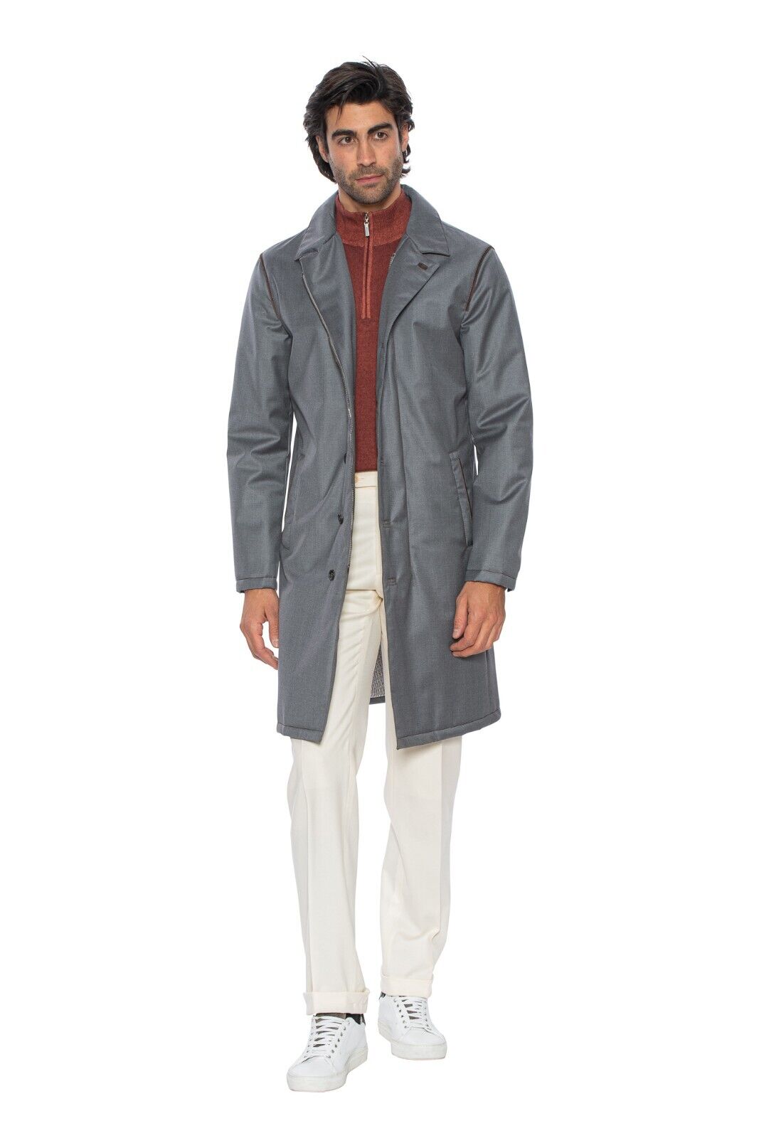 $4200 HETTABRETZ Gray Coat Wool Leather Silk Water-resistant 40 US / 50 EU Slim