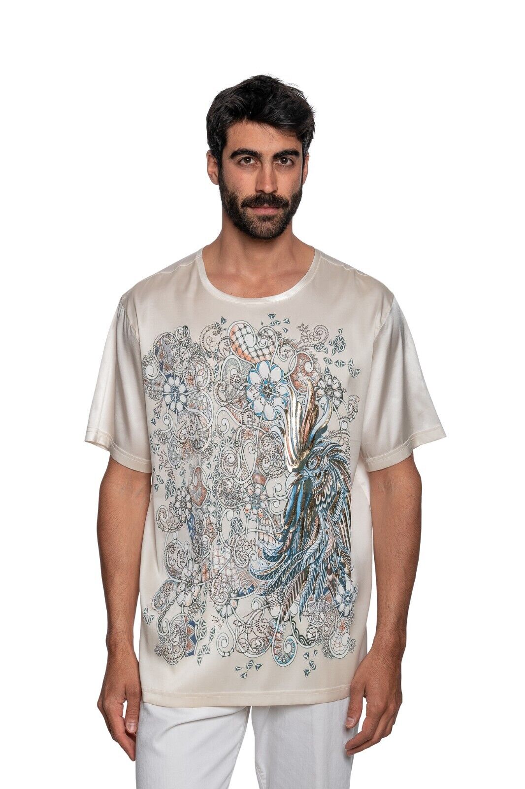 750$ ITALO FERRETTI T-Shirt "YEAR OF THE ROOSTER" 100% Silk COMO Sz XXL BIJAN