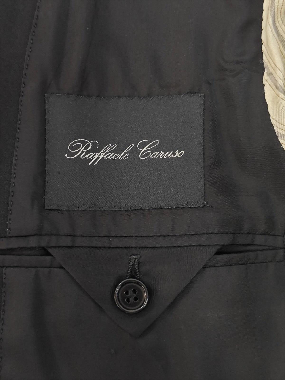 $2200 RAFFAELE CARUSO Black Solid Suit LORO PIANA Wool Super 130's