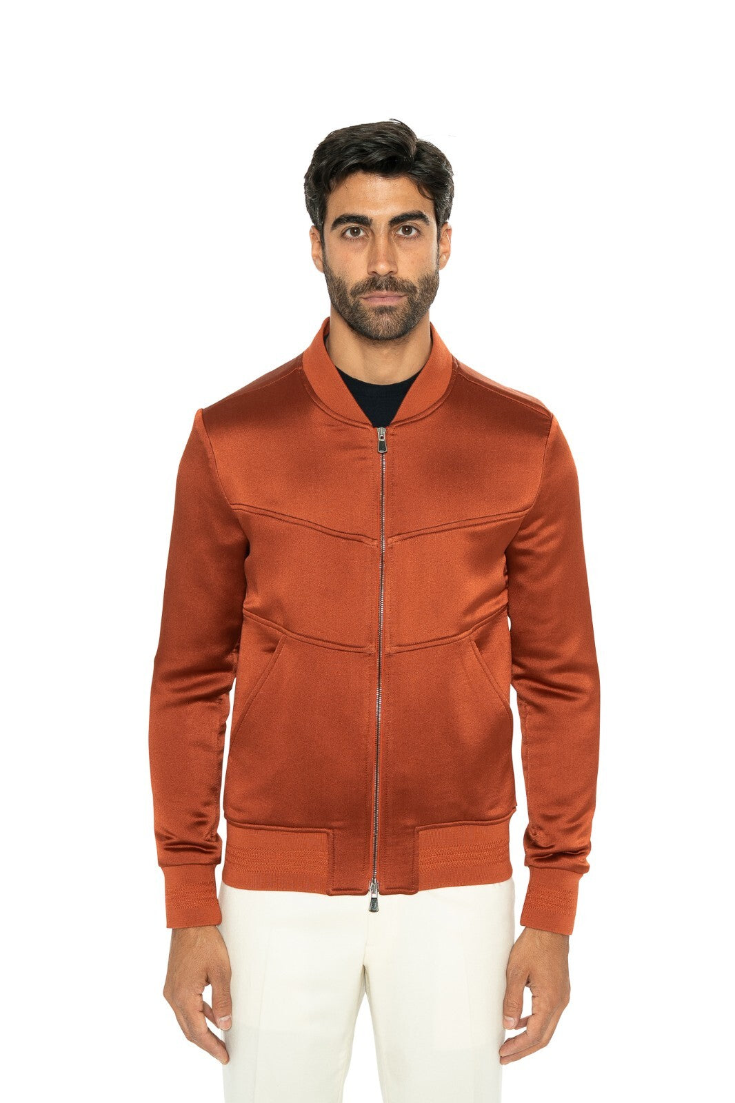 $3800 ISAIA NAPOLI Rust Satin Bomber Jacket Wool & Silk 38 US / 48 EU