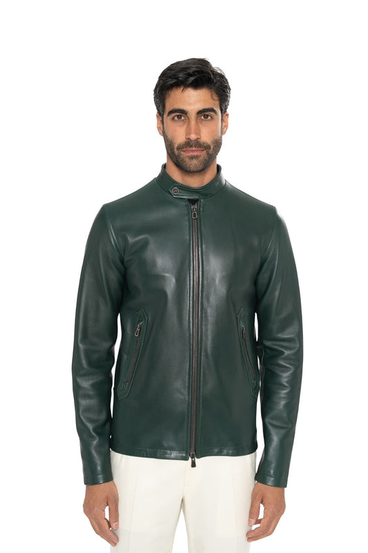 5600$ ISAIA NAPOLI Forest Green Biker Jacket Coat Lambskin Leather 38 US / 48 EU