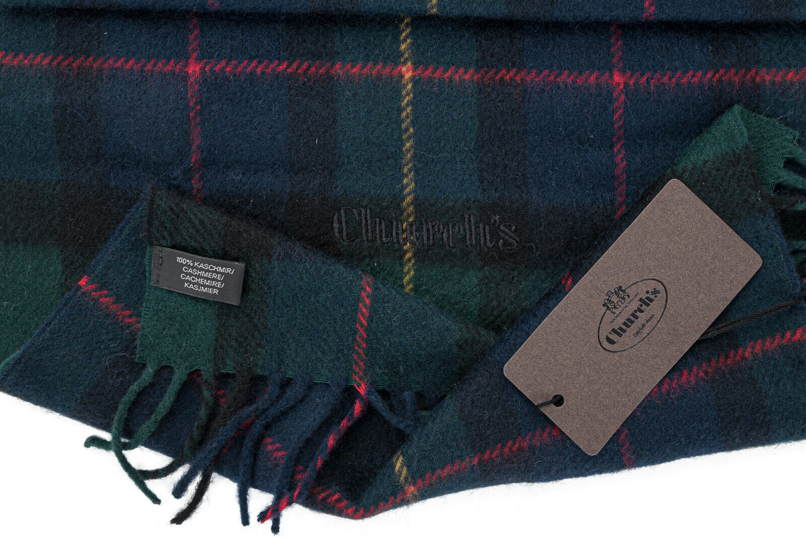CHURCH'S Casual Chic Scarf Plaids & Checks Blu Green Pure Cashmere Made in Italy