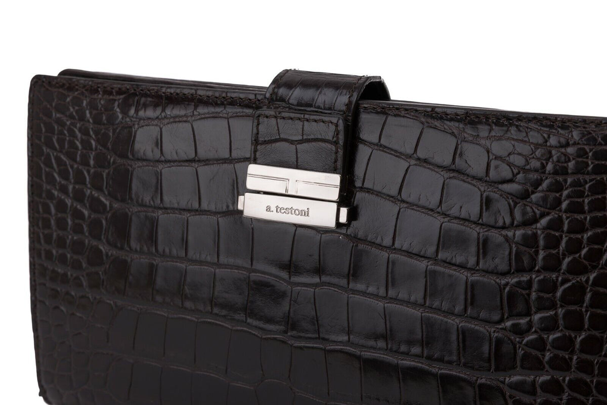 $4200 Testoni Bologna Chocolate Clutch Bag Travel Wallet Genuine Alligator