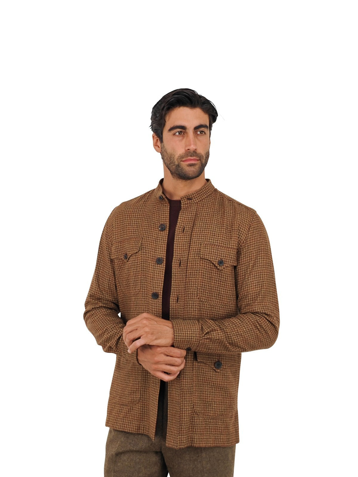 $2120 RUBINACCI Brown Houndstooth Sahariana Guru Jacket 100% Cashmere Size S