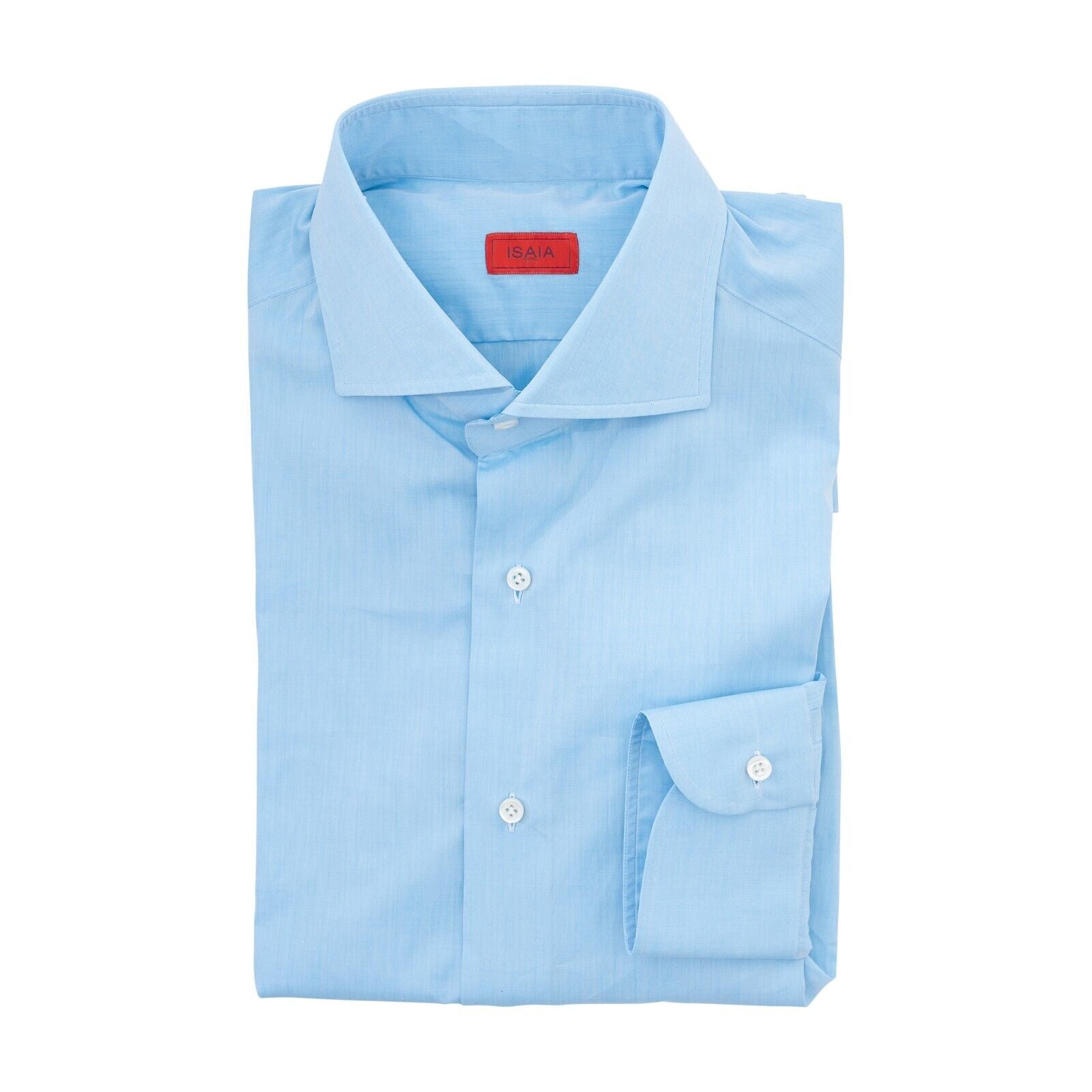 690$ ISAIA NAPOLI Blue Solid Hand-Sewn Sartorial Dress Shirt Fine Cotton
