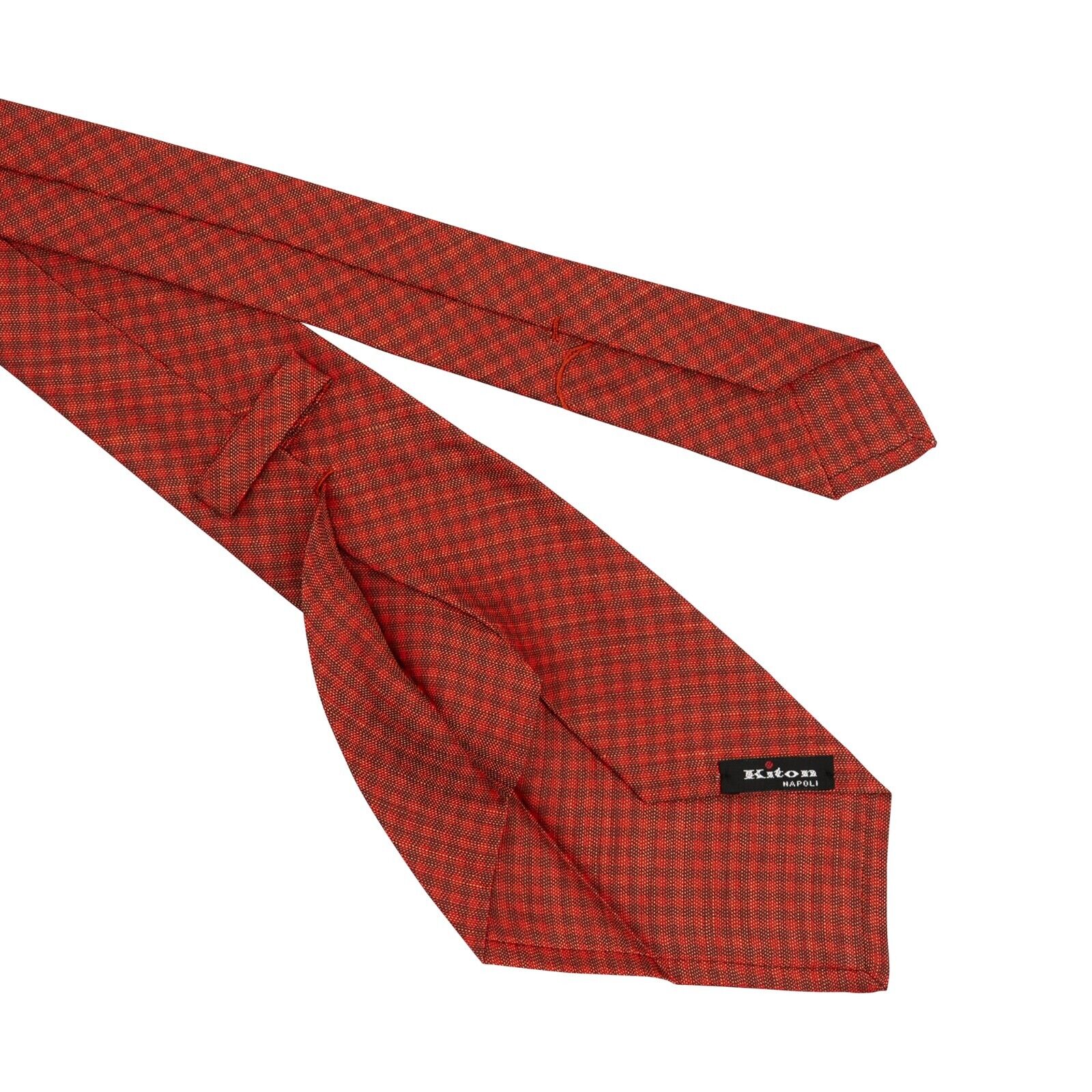 $330 KITON NAPOLI 7 - Fold Tie Checks Dark Red Silk / Linen 148cm - 8.5cm