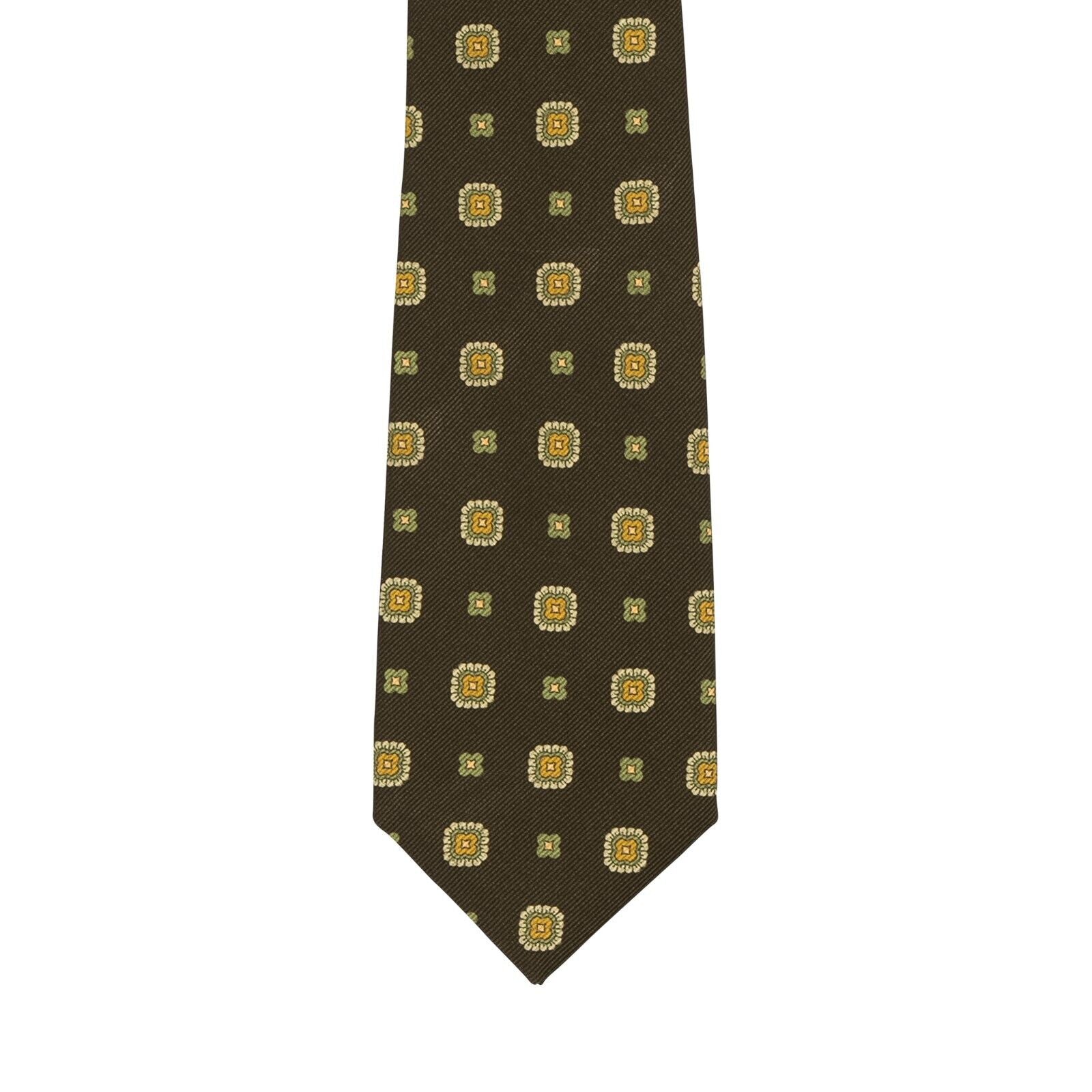 $330 KITON NAPOLI 7 - Fold Tie Floral Green Off 100% Silk 148cm - 8.5cm