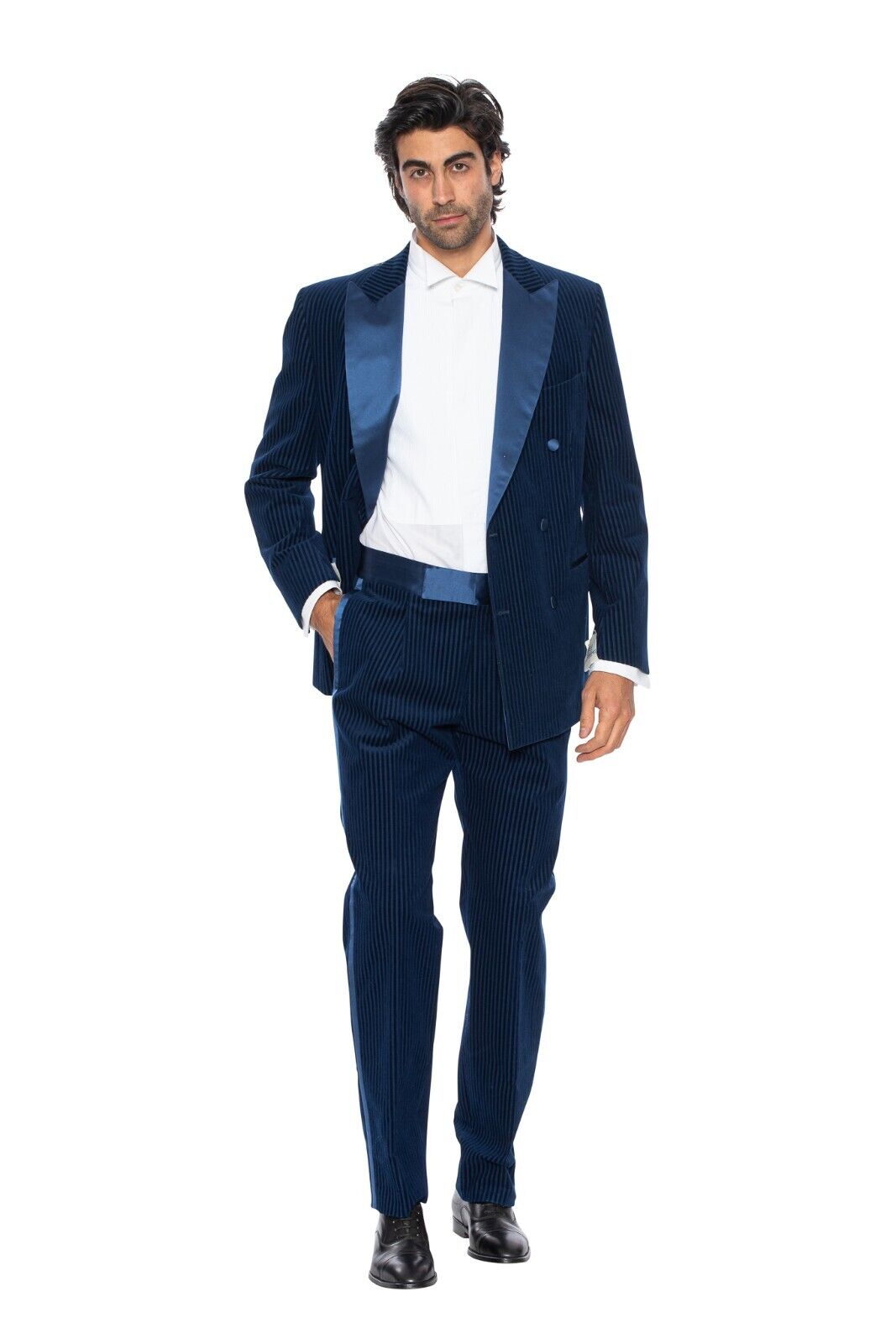 $3340 Belvest Blue Tuxedo Suit Corduroy Lapel Silk 40 US / 50 EU Drop 7R Slim
