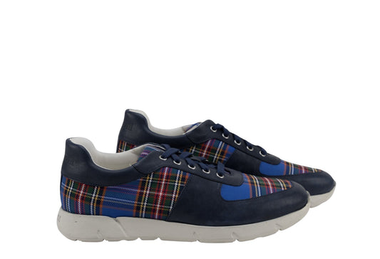 850$ TESTONI Sneaker Eco Tartan + Washed Lamb Bluette Navy 8 UK / 9 US / 42 IT