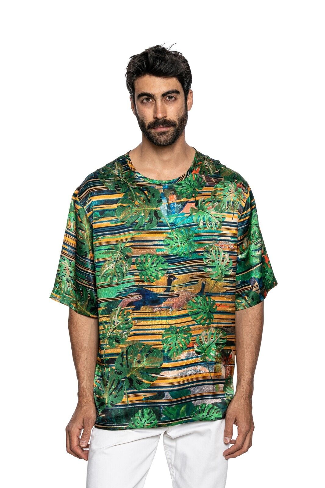 750$ ITALO FERRETTI T-Shirt Green "Jungle" 100% Silk COMO STRETCH Size L ZILLI