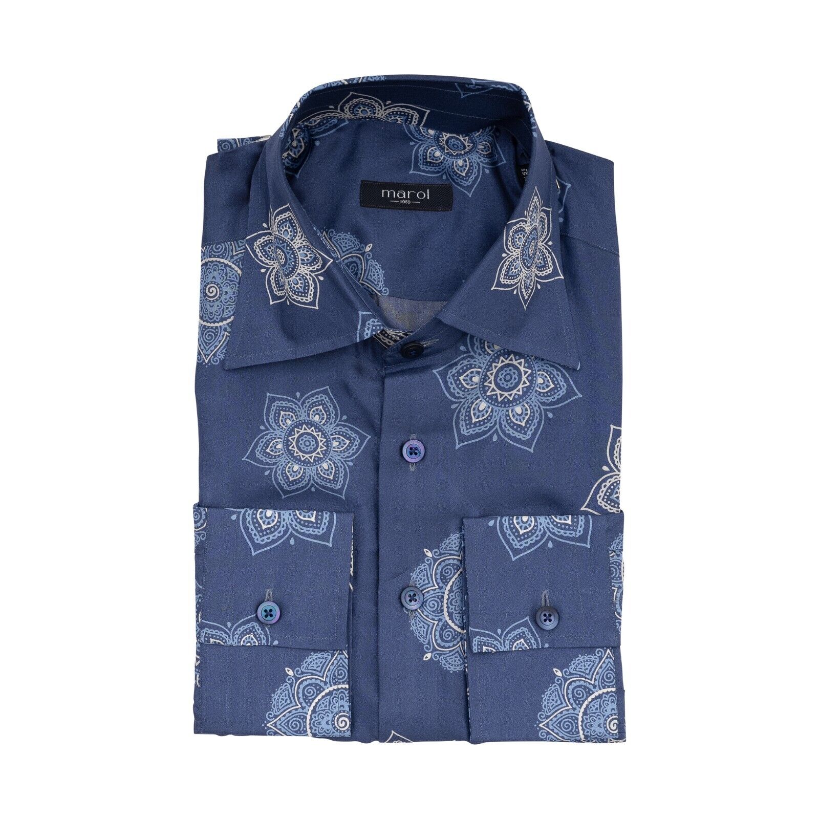 1400$ LUXURY MAROL BOLOGNA Floral Shirt Blue 100% COMO SILK Satin 15.5 - 39