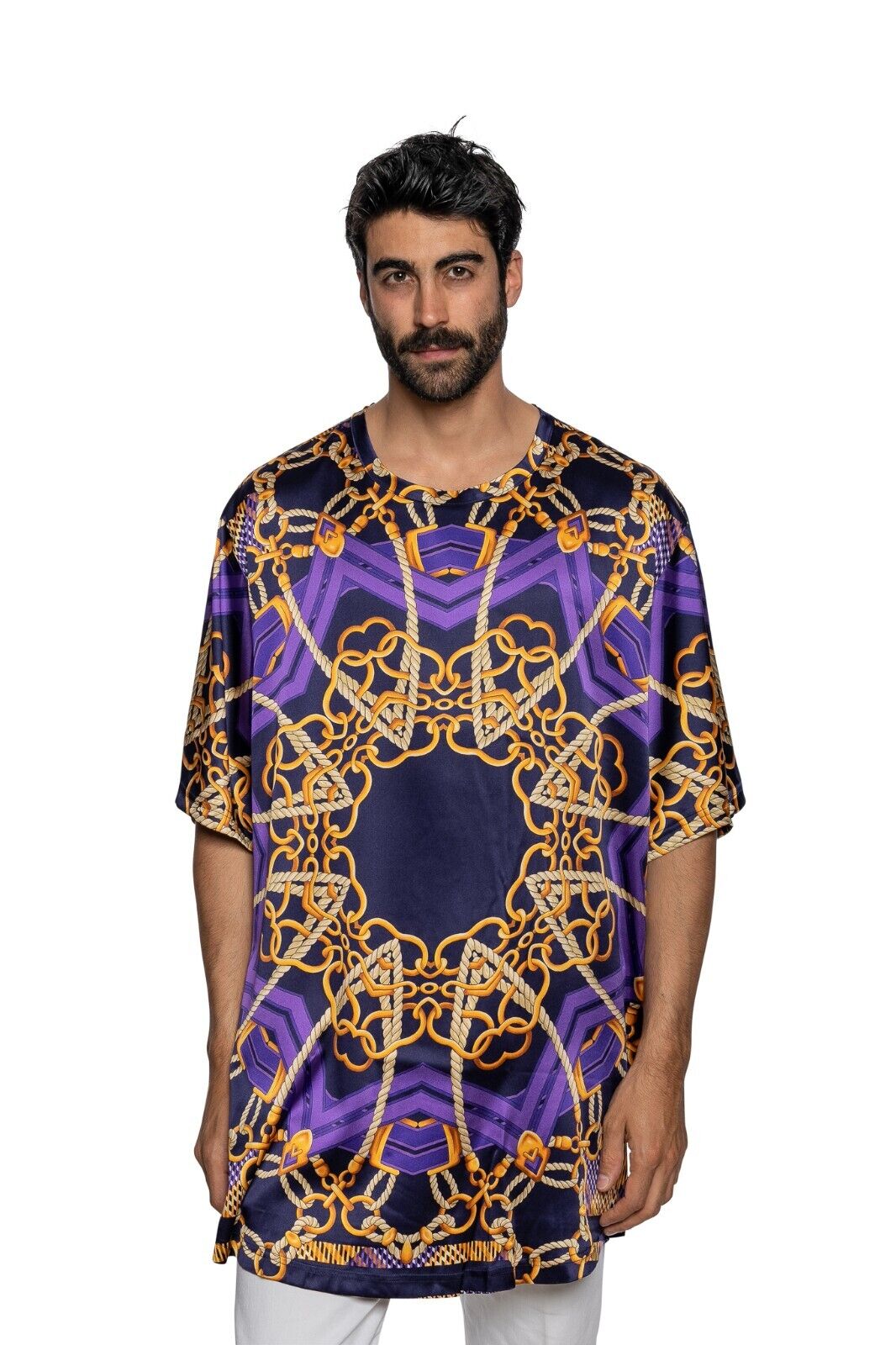 750$ FABIO CAVIGLIA T-Shirt "TUNIC" Violet Chains 100% Silk COMO STRETCH Sz XXL