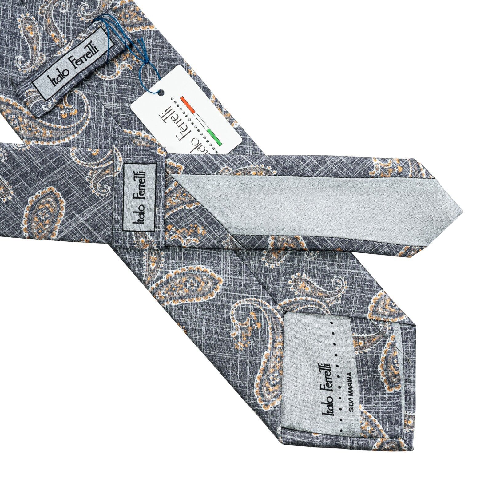 $290 ITALO FERRETTI Tie "PAISLEY" Gray 100% Silk Handmade in Italy BIJAN