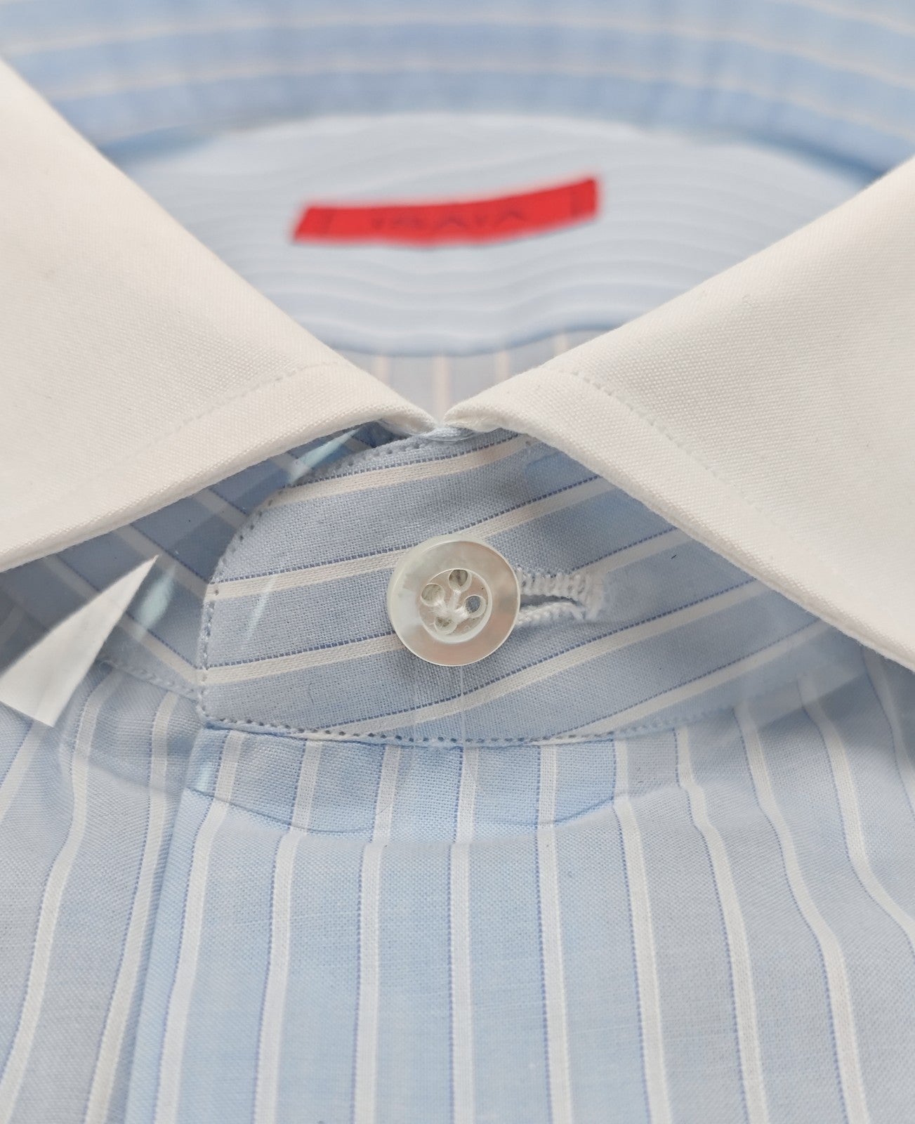 730$ ISAIA NAPOLI "Mix" Dress Shirt Contrast Blue Striped Fine Cotton 16.5 - 42
