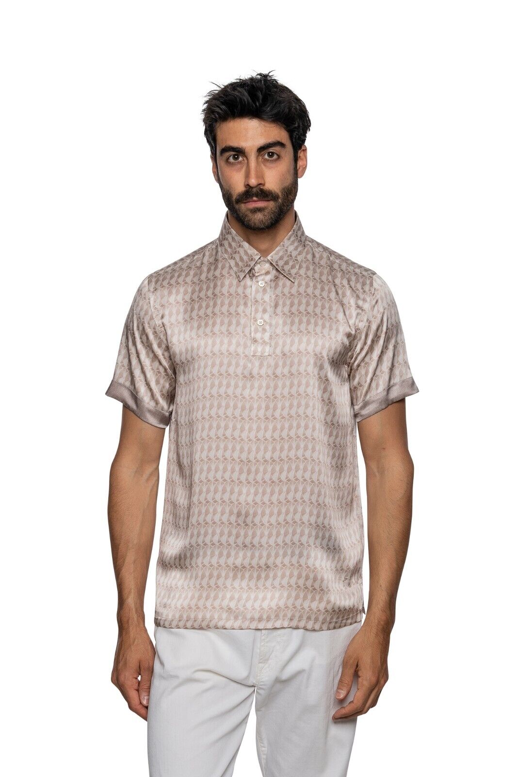750$ ITALO FERRETTI " GEOMETRIC " Polo Beige 100% Silk COMO Sz L BIJAN