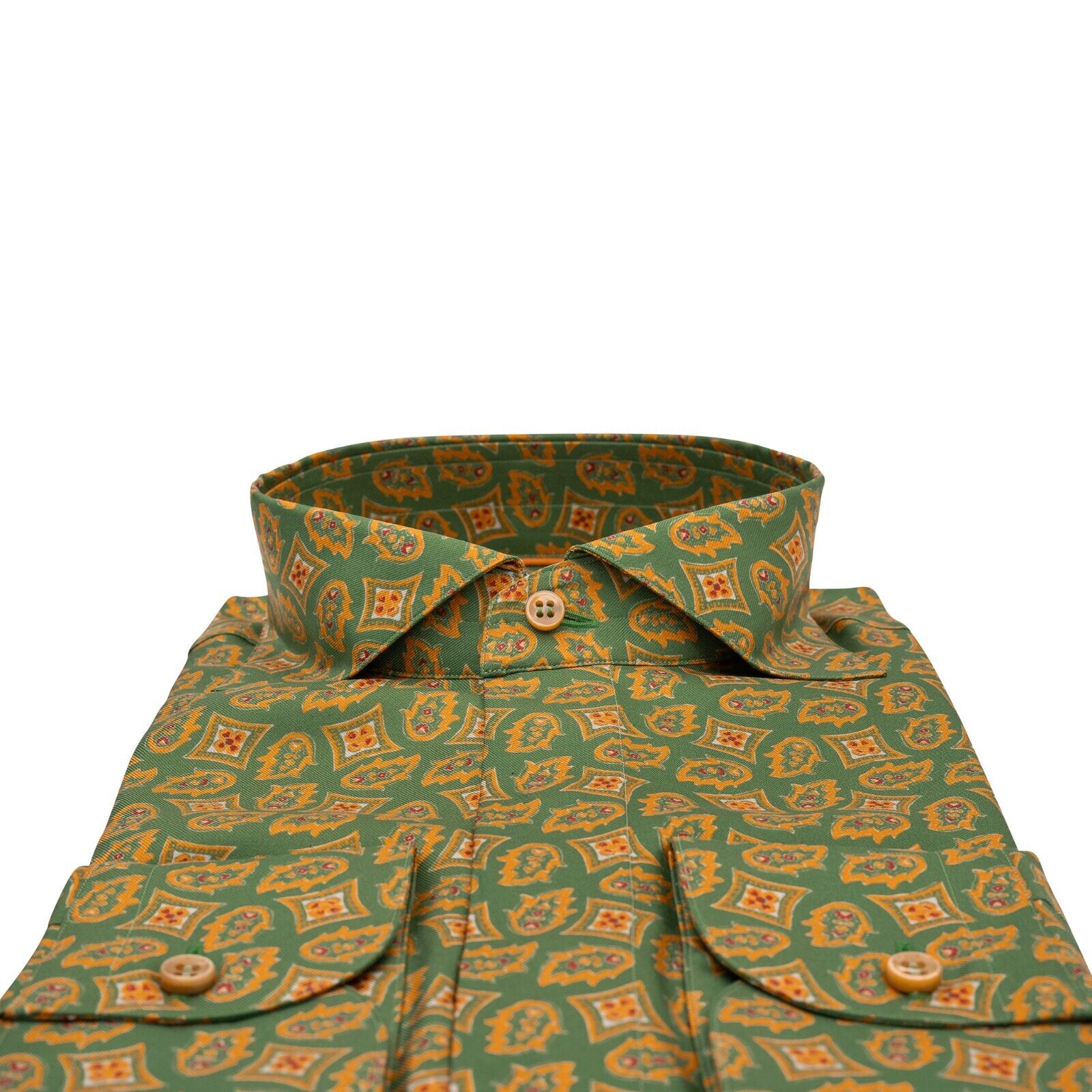 1400$ LUXURY MAROL BOLOGNA Geometric Shirt Green 100% COMO SILK Satin 15.75 - 40