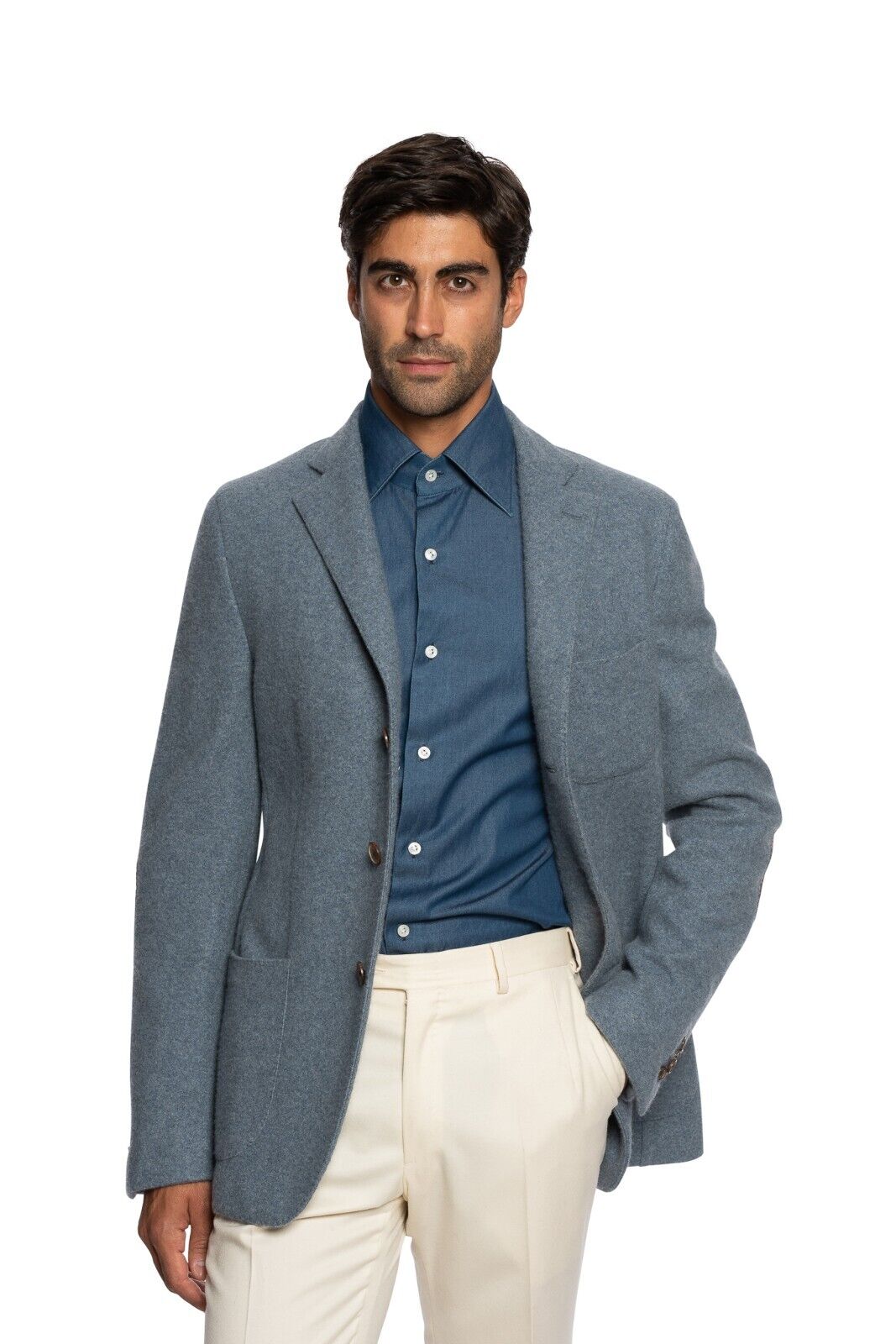 $2800 FEDELI CASHMERE Blue Blazer Jacket 100% Cashmere + Leather 40 US / 50 EU