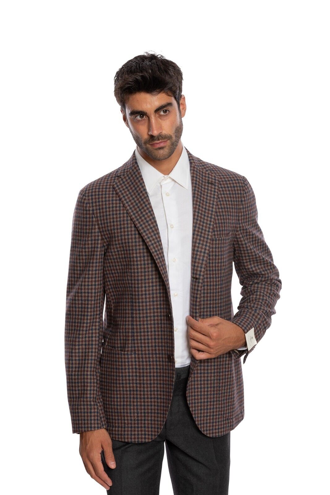 $1800 LUIGI BORRELLI "SORRENTO" Hand-Sewn Light Brown Cheks Jacket Blazer Wool