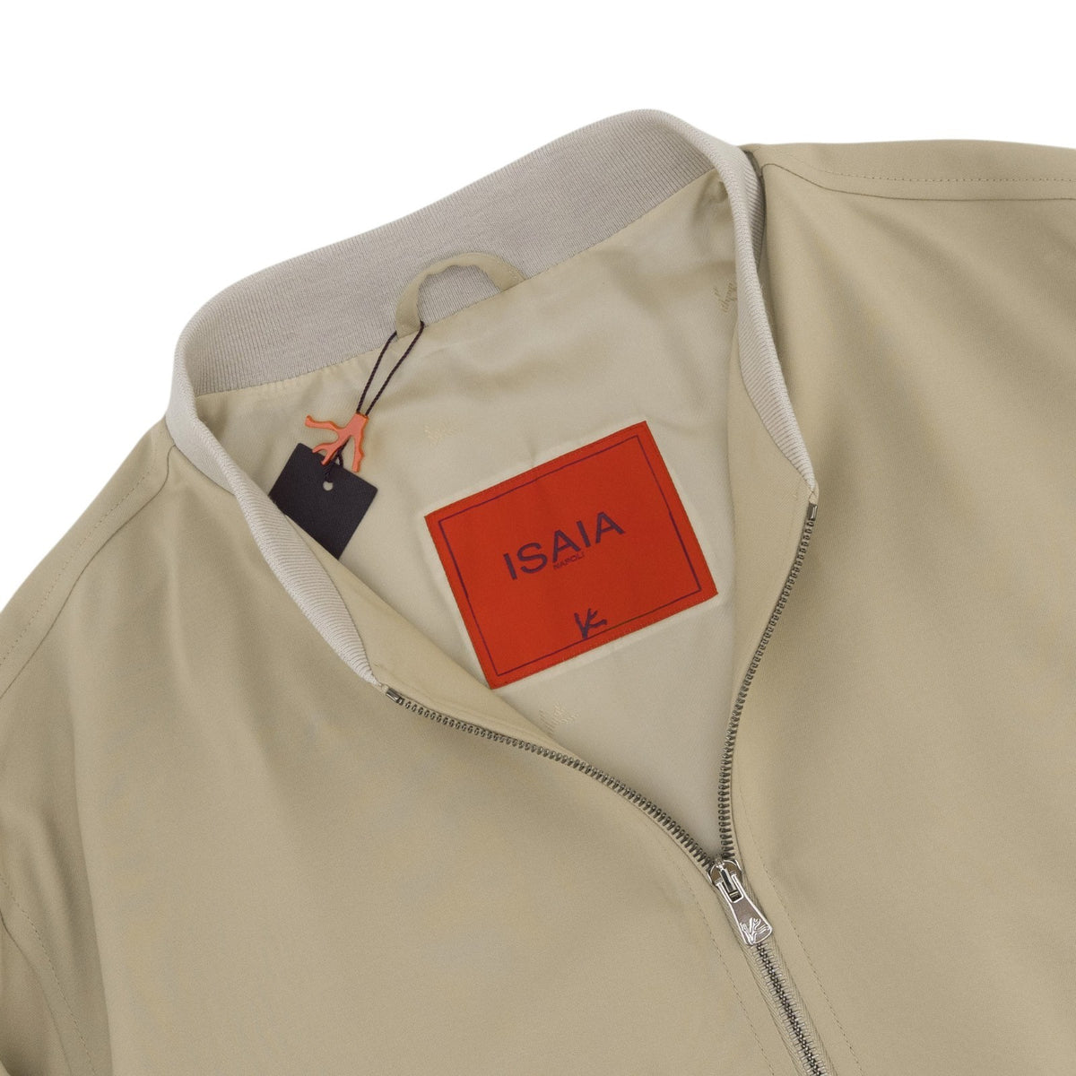 $3500 ISAIA Techno Cotton Silk Aqua Varsity Jacket Water Repellent Light Beige