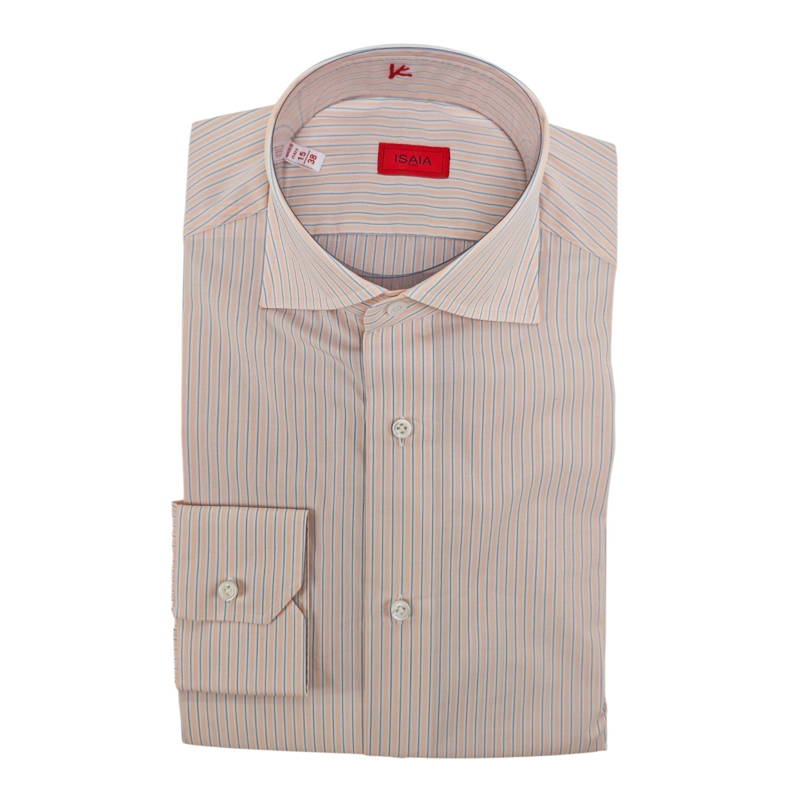 730$ ISAIA NAPOLI "Mix" Dress Shirt Salmon Striped Fine Cotton 15 - 38