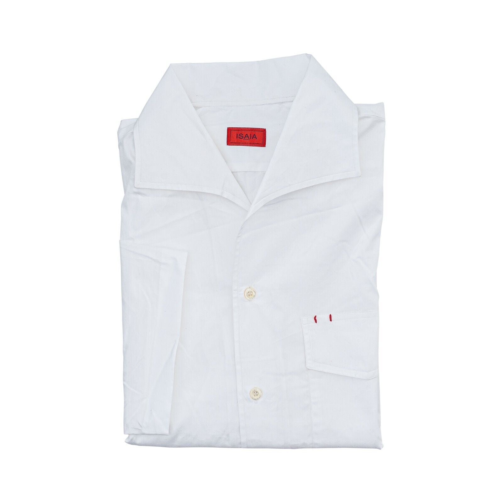 850$ ISAIA NAPOLI White Hand-Sewn Short Sleeve Shirt Camp Collar Cotton 15.5 39